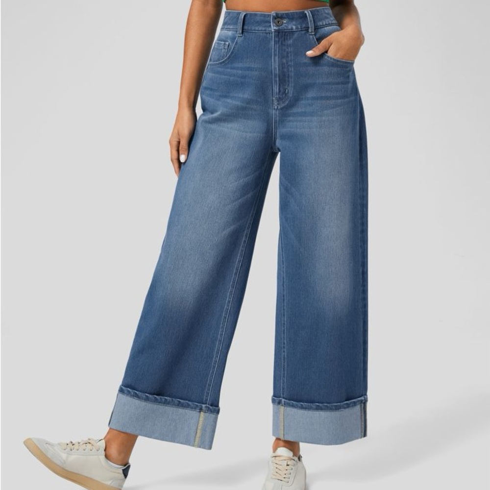 HALARA Wide Leg Flare Denim Jeans in Medium Blue